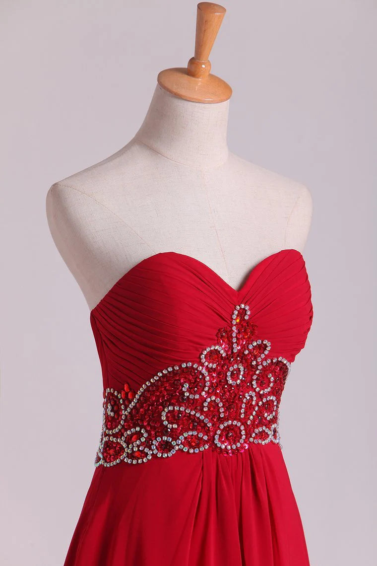 Sweetheart A Line Party Dresses With Beading Sweep Train Chiffon Burgundy/Maroon